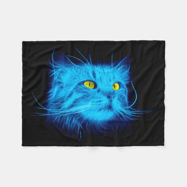 Cool Blue Neon Cat Art - Glowing Animal Design Fleece Blanket (Front (Horizontal))