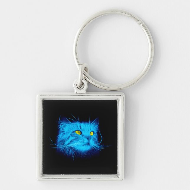 Cool Blue Neon Cat Art - Glowing Animal Design Keychain (Front)