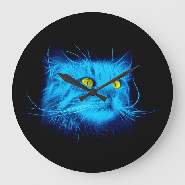 Cool Blue Neon Cat Art - Glowing Animal Design Large Clock (Front)