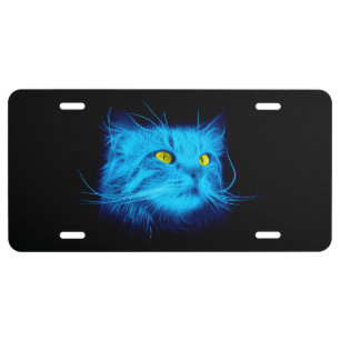 Cool Blue Neon Cat Art - Glowing Animal Design License Plate