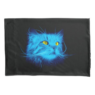 Cool Blue Neon Cat Art - Glowing Animal Design Pillow Case