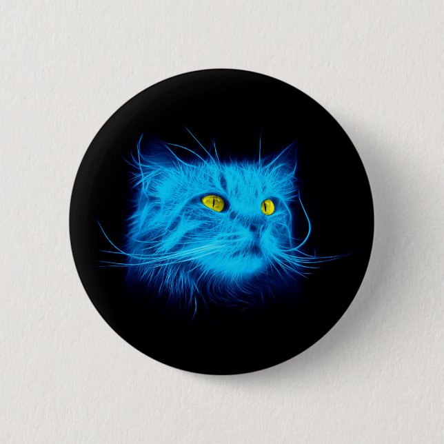 Cool Blue Neon Cat Art - Glowing Animal Design Pinback Button (Front)