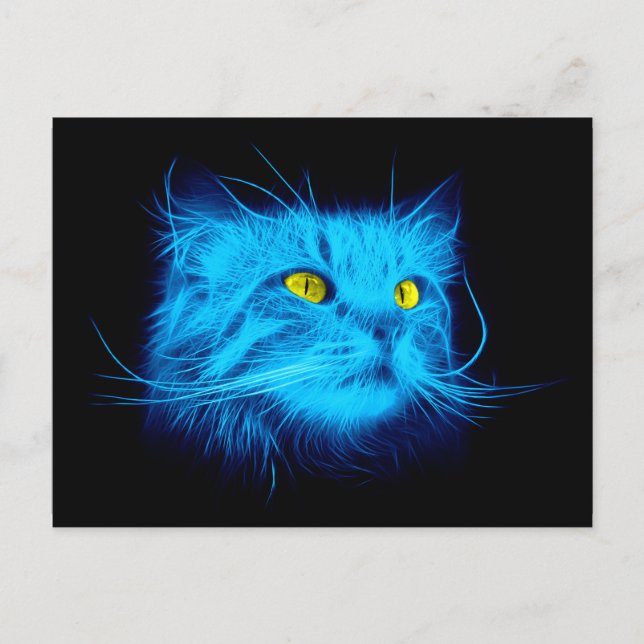 Cool Blue Neon Cat Art - Glowing Animal Design Postcard (Front)