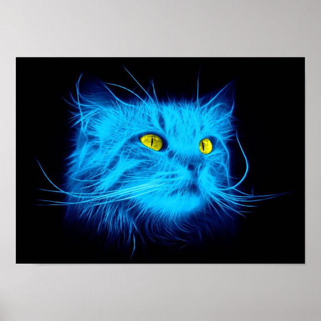 Cool Blue Neon Cat Art - Glowing Animal Design Poster (Front)