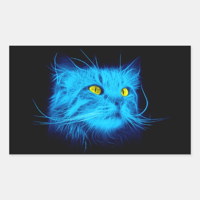 Cool Blue Neon Cat Art - Glowing Animal Design Rectangular Sticker (Front)