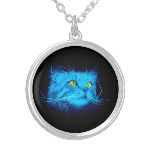 Cool Blue Neon Cat Art - Glowing Animal Design Silver Plated Necklace