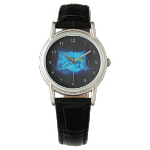Cool Blue Neon Cat Art - Glowing Animal Design Watch