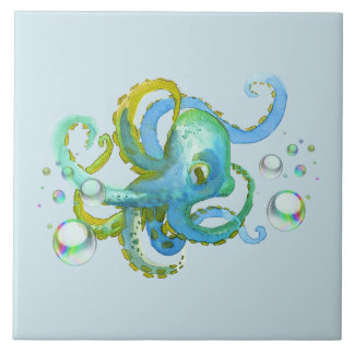 Cool Blue Octopus Nautical Under the Sea Ceramic Tile