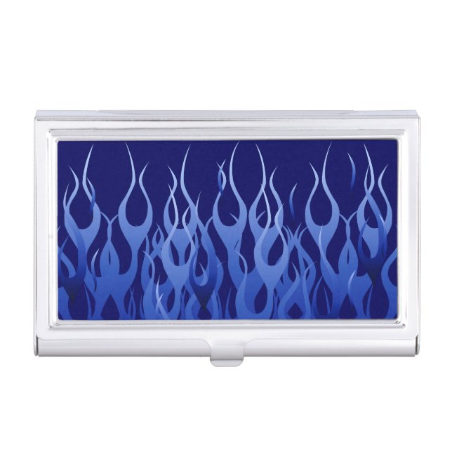 Cool Blue on Blue Racing Flames decorative Business Card Holder (Front)