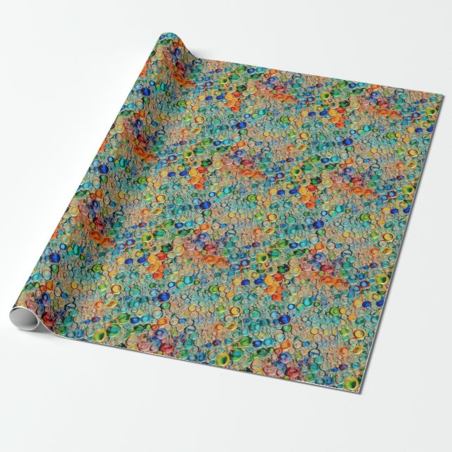 Cool Blue Orange Abstract Wax Drip Drop Pattern Wrapping Paper (Unrolled)