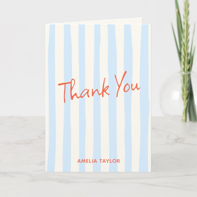 Cool Blue Painted Stripe Persimmon Handwriting Thank You Card (Front)