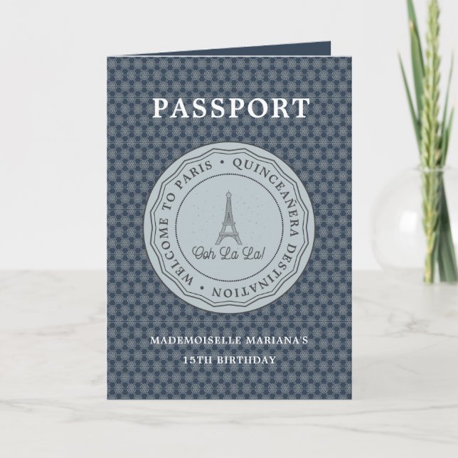 Cool Blue Paris Passport With Picture Quinceañera Invitation (Front)