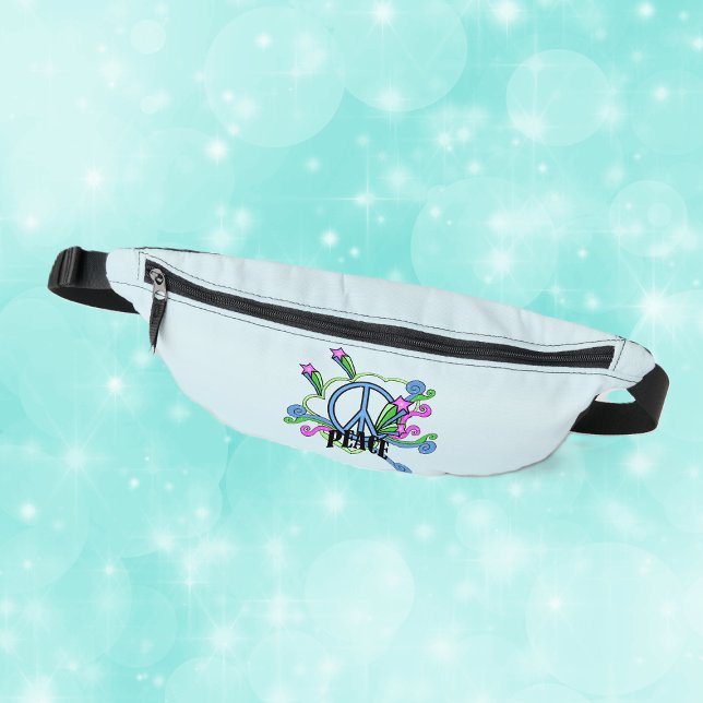 Cool Blue Peace sign Starr Scrolls on Light blue Fanny Pack (Cool abstract peace sign with colourful scrolls and pink stars on light blue fanny pack.)