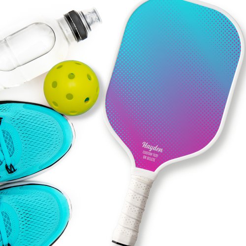 Cool Blue Pink Abstract Ombre Gradient Custom Text Pickleball Paddle