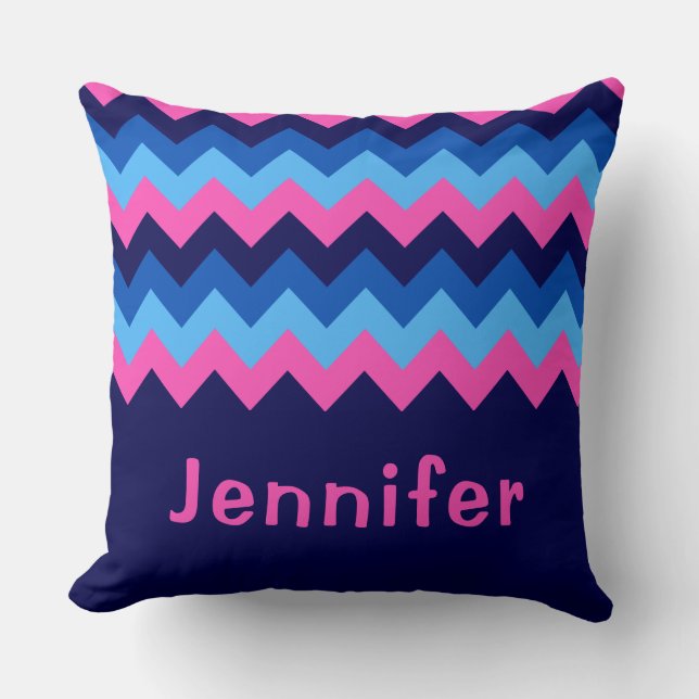 Cool Blue Pink Chevron Monogram Big Throw Pillow (Front)