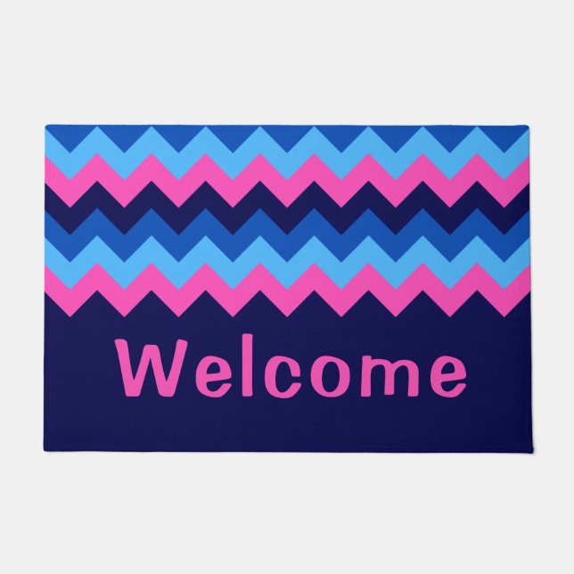 Cool Blue Pink Chevron Monogram Large Doormat (Front)