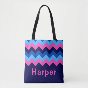 Cool Blue Pink Chevron Monogram Tote Bag