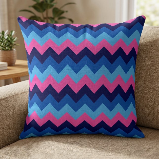 Cool Blue Pink Chevron Pattern Big Throw Pillow (Cool Blue Pink Chevron Pattern Big Throw Pillow on a sofa in a living room.)