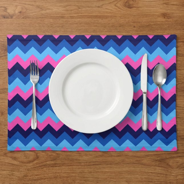 Cool Blue Pink Chevron Pattern Cloth Placemat (Cool Blue Pink Chevron Pattern Cloth Placemat on dining table in a home.)