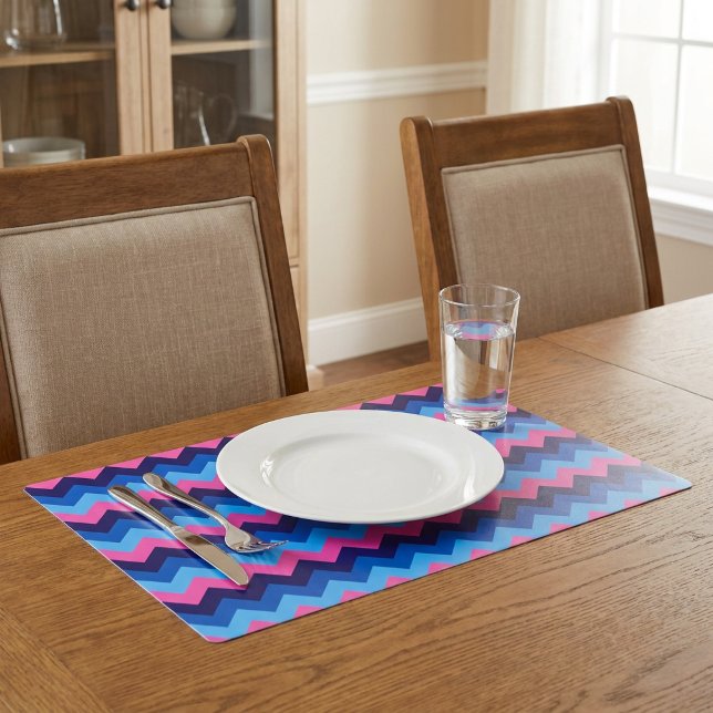 Cool Blue Pink Chevron Pattern Laminated Placemat (Cool Blue Pink Chevron Pattern Laminated Placemat on a table in a dining room in a home.)