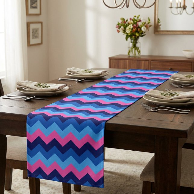 Cool Blue Pink Chevron Pattern Medium Table Runner (Cool Blue Pink Chevron Pattern Medium Table Runner covering a table in a dining room in a home.)