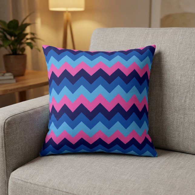 Cool Blue Pink Chevron Pattern Throw Pillow (Cool Blue Pink Chevron Pattern Throw Pillow on a sofa in a living room.)
