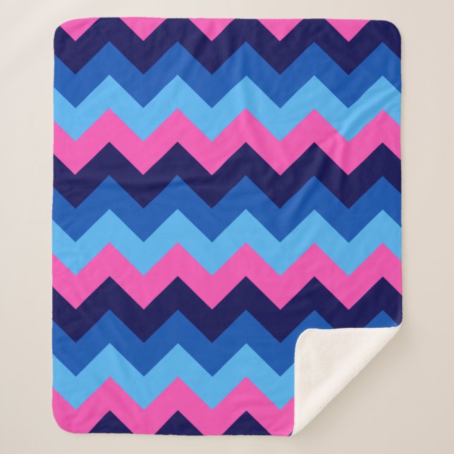 Cool Blue Pink Chevron Print Medium Sherpa Blanket (Front)