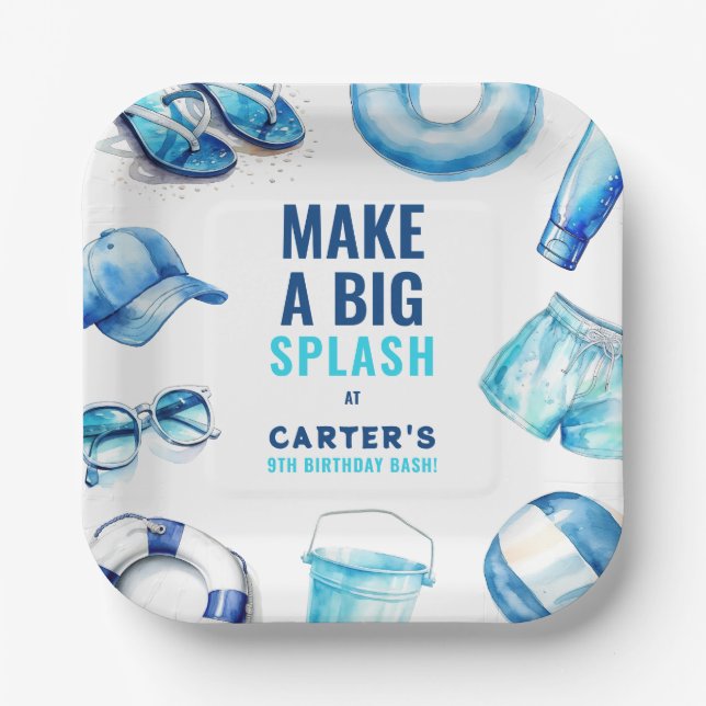 Cool Blue Pool Party Summer Boys Birthday Paper Plates (Front)