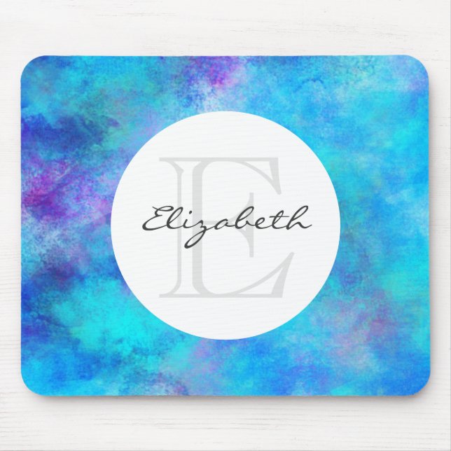 Cool Blue & Purple Abstract Watercolor Monogram Mouse Pad (Front)