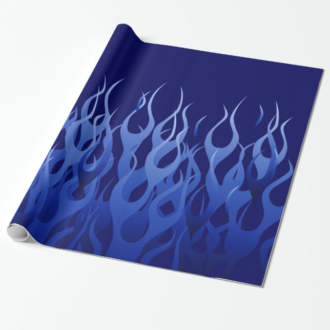 Cool Blue Racing Flames Wrapping Paper (Unrolled)