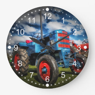 Cool Blue Red Antique Tractor Gifts for Farmers Large Clock