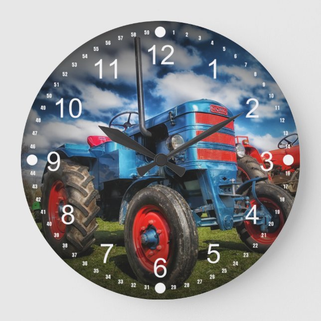 Cool Blue Red Antique Tractor Gifts for Farmers Large Clock (Front)