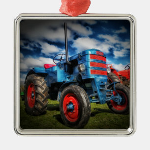 Cool Blue Red Antique Tractor Gifts for Farmers Metal Ornament