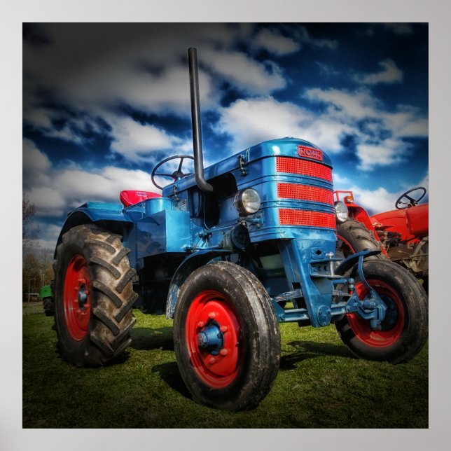 Cool Blue Red Antique Tractor Gifts for Farmers Poster (Front)