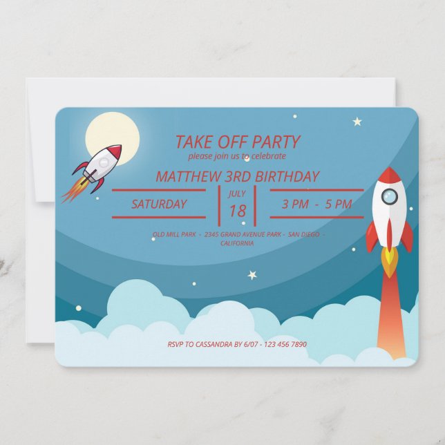 Cool Blue Red Space Ship Take Off Birthday Party  Invitation (Front)