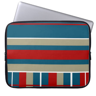 Cool Blue Red Tan White Striped Pattern Nautical Laptop Sleeve