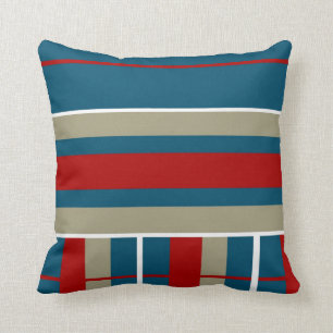 Cool Blue Red Tan White Striped Pattern Nautical Throw Pillow