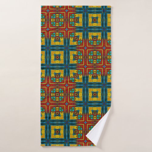 Cool Blue Red Yellow Retro Geometric Ethnic Tribal Bath Towel