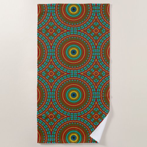 Cool Blue Red Yellow Retro Geometric Ethnic Tribal Beach Towel