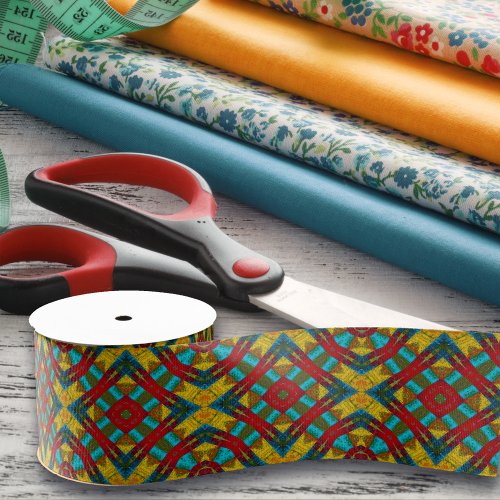 Cool Blue Red Yellow Retro Geometric Ethnic Tribal Grosgrain Ribbon