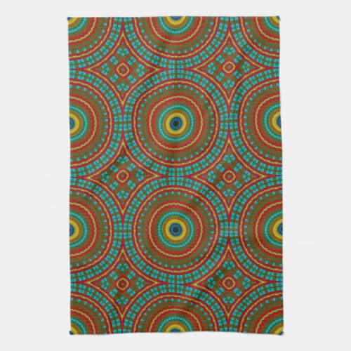 Cool Blue Red Yellow Retro Geometric Ethnic Tribal Kitchen Towel