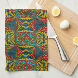 Cool Blue Red Yellow Retro Geometric Ethnic Tribal Kitchen Towel