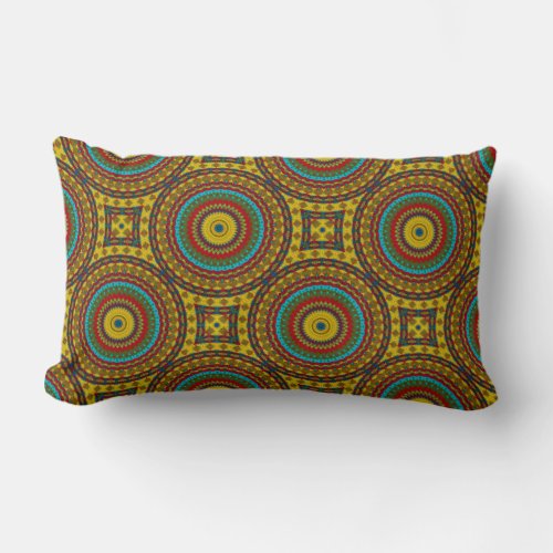 Cool Blue Red Yellow Retro Geometric Ethnic Tribal Lumbar Pillow