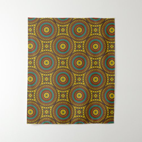 Cool Blue Red Yellow Retro Geometric Ethnic Tribal Tapestry