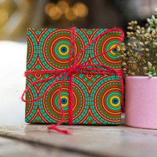 Cool Blue Red Yellow Retro Geometric Ethnic Tribal Wrapping Paper