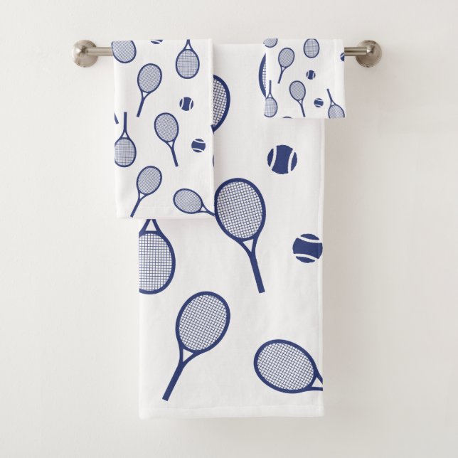 Cool Blue Retro Racquets Pattern Tennis Player Bath Towel Set (Insitu)