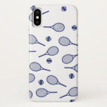 Cool Blue Retro Racquets Pattern Tennis Player   iPhone X Case<br><div class="desc">Classic Elegant Minimal Navy Blue Tennis Rackets Pattern For Him | Summer Pastel Tennis Court. Gift for tennis player, navy color racquet tennis match on a white background. Personalized Gift for a tennis player. Trendy tennis players home decor. Trendy modern tennis player gifts. Cool retro modern gift for your school...</div>