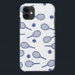 Cool Blue Retro Racquets Pattern Tennis Player    iPhone 11 Case<br><div class="desc">Classic Elegant Minimal Navy Blue Tennis Rackets Pattern For Him | Summer Pastel Tennis Court. Gift for tennis player, navy color racquet tennis match on a white background. Personalized Gift for a tennis player. Trendy tennis players home decor. Trendy modern tennis player gifts. Cool retro modern gift for your school...</div>