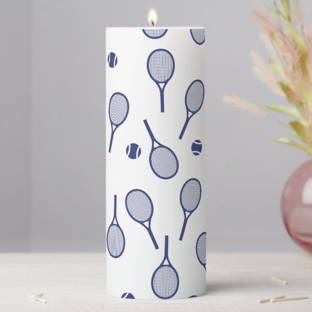 Cool Blue Retro Racquets Pattern Tennis Player   Pillar Candle (In Situ)