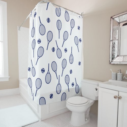 Cool Blue Retro Racquets Pattern Tennis Player  Shower Curtain